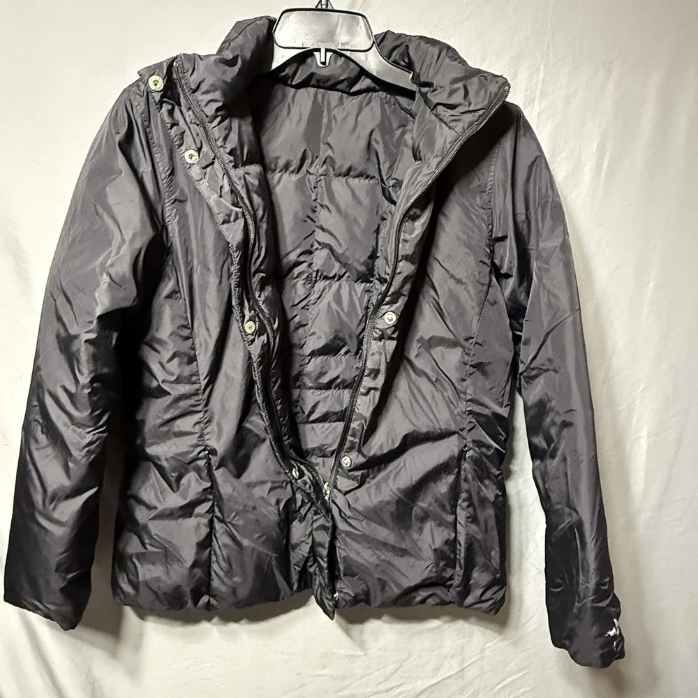 Land's End Down Filled Coat Women Large 14-16 Puffer Reversible Black Warm FLAW*
